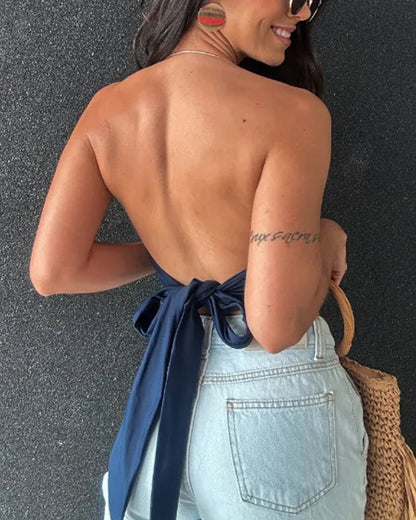 Sexy Metallic Choker Halter Waist Tie Detail Top