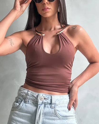 Sexy Metallic Choker Halter Waist Tie Detail Top