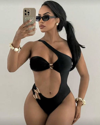 Off-shoulder Cutout Backless Solid Color Sexy One-piece Swimsuit