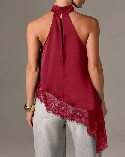 Women's Sleeveless Lace-trimmed Asymmetrical Halter Neck Satin Breathable Top