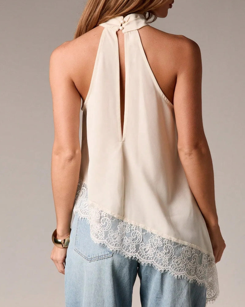 Women's Sleeveless Lace-trimmed Asymmetrical Halter Neck Satin Breathable Top