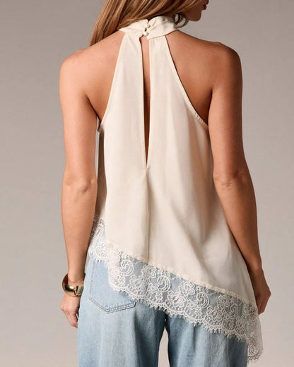 Women's Sleeveless Lace-trimmed Asymmetrical Halter Neck Satin Breathable Top