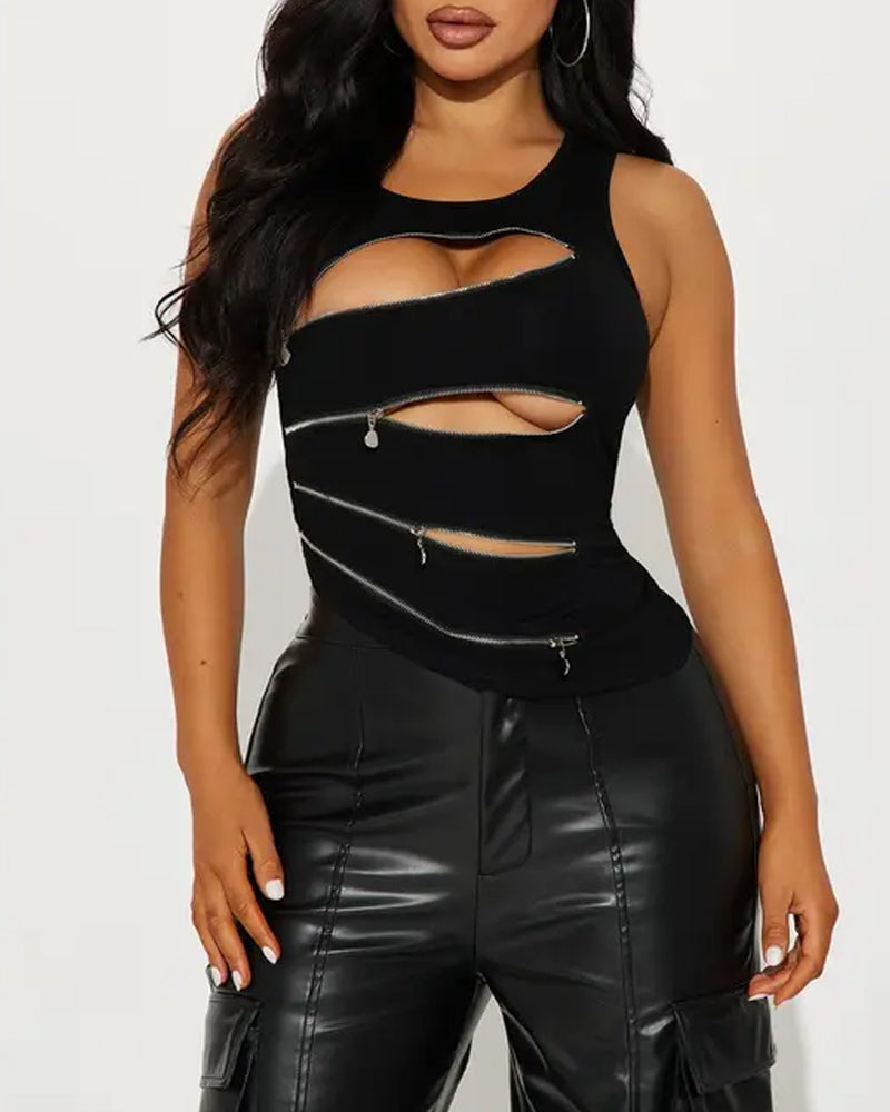 Black Sexy Irregular Zipper Cutouts Sleeveless Top
