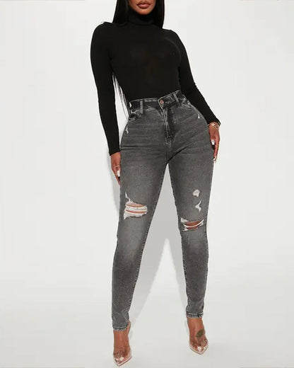Washed High-stretch Tight-fitting Ripped Skinny Jeans