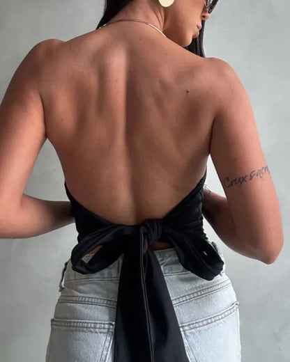 Sexy Metallic Choker Halter Waist Tie Detail Top